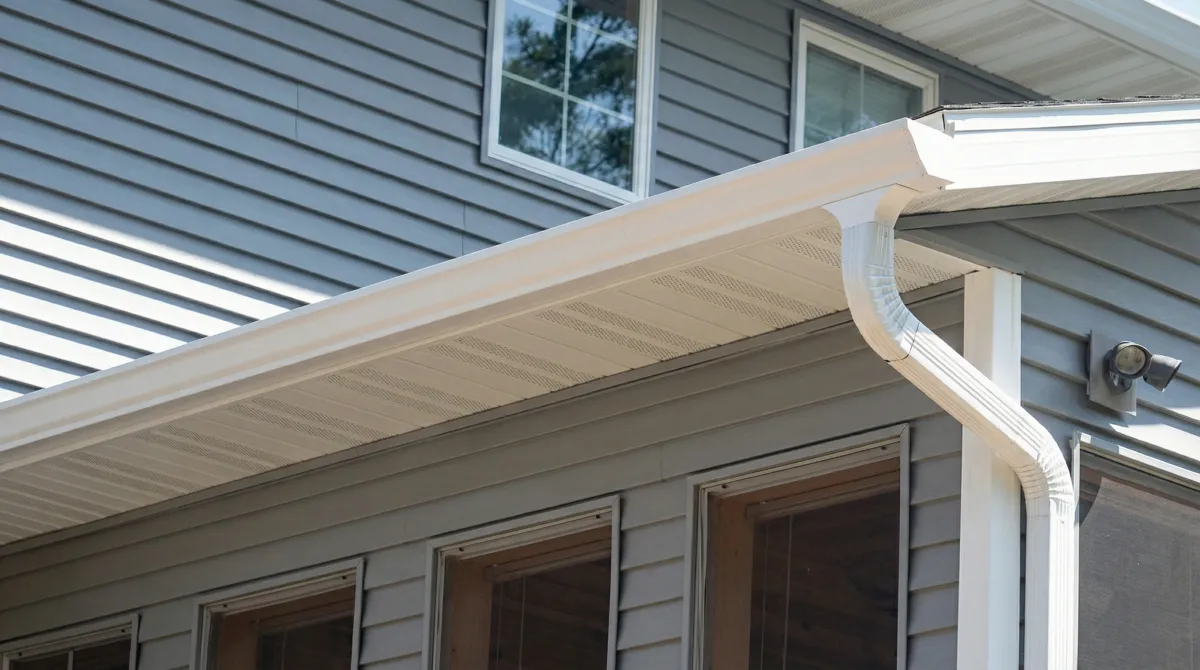 Professional home remodeling project showing newly installed white seamless gutters and downspouts on a house with gray siding in Hollywood, FL