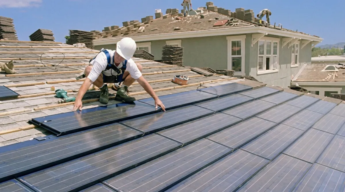 Roof replacement expert installing modern solar shingles on a residential home in Hollywood, FL