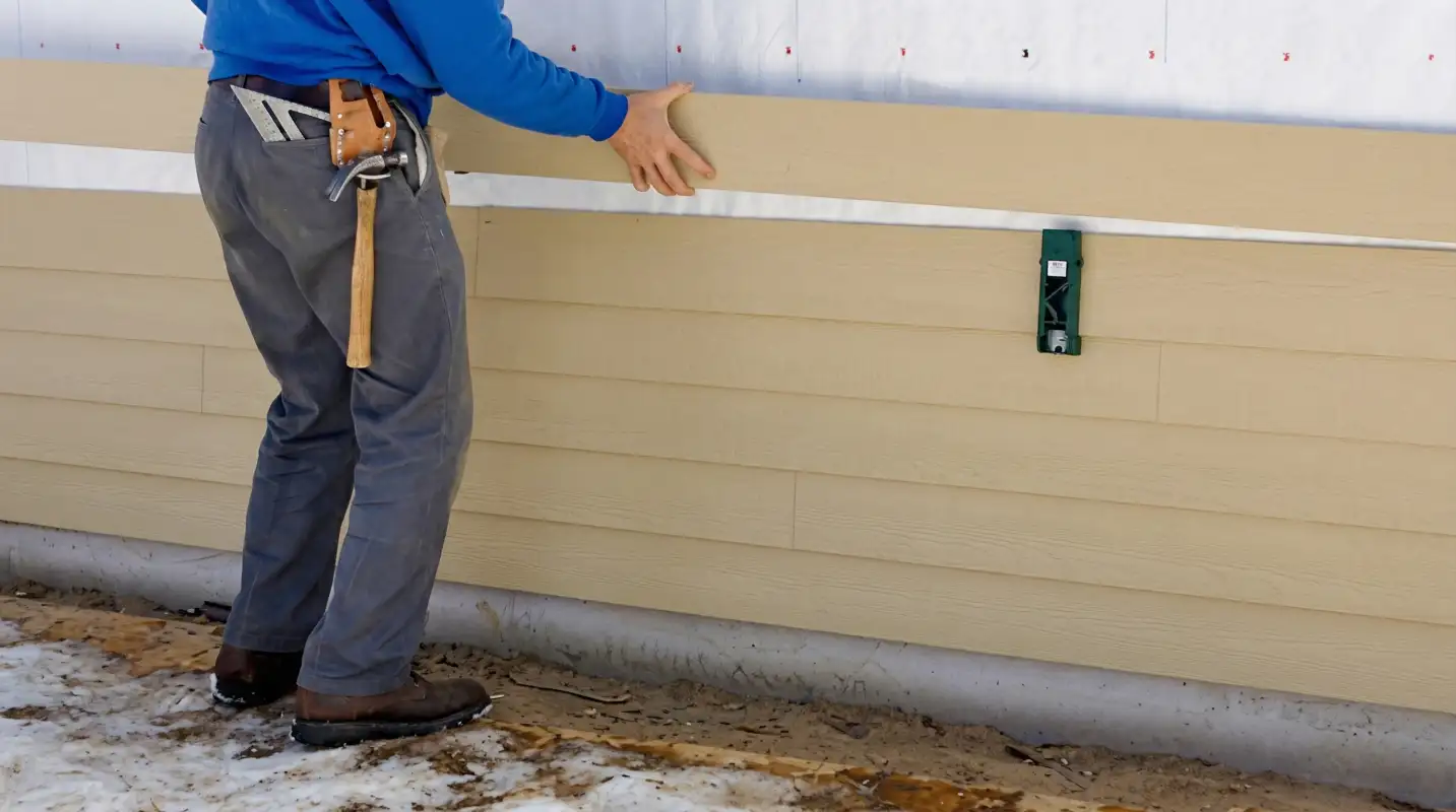 Siding replacement expert carefully aligning a new tan siding panel onto a residential exterior wall in Hollywood, FL