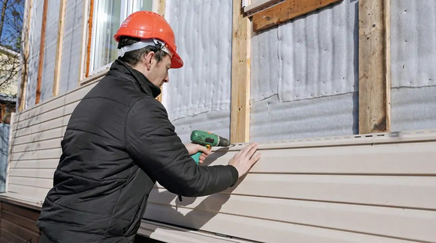Siding replacement professional using a power drill to install new tan vinyl siding on a home exterior in Hollywood, FL