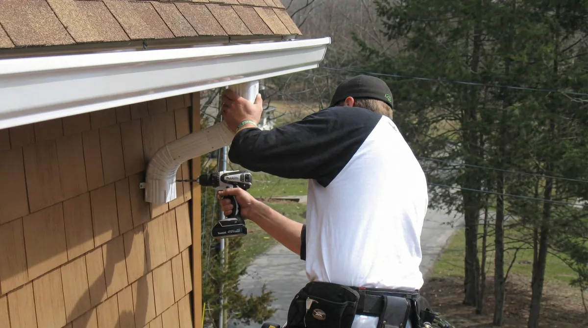 Professional contractor installing tan vinyl siding panels on a residential home exterior in Hollywood, FL