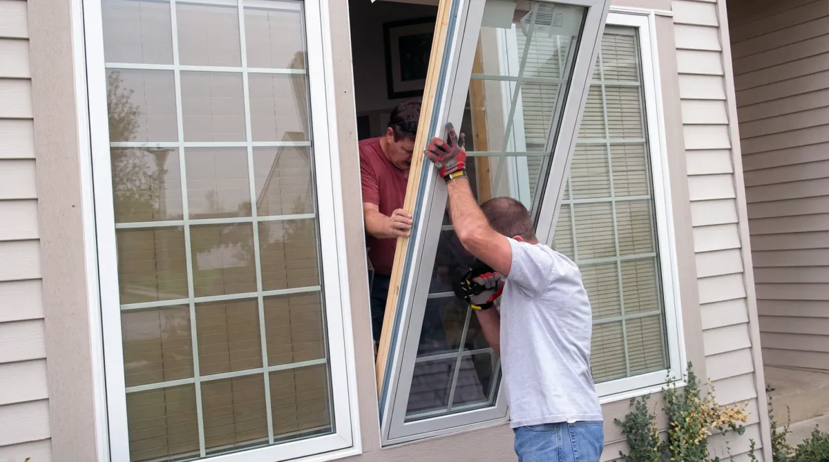 Professional home remodeling team installing a large replacement window on a house with tan siding in Hollywood, FL