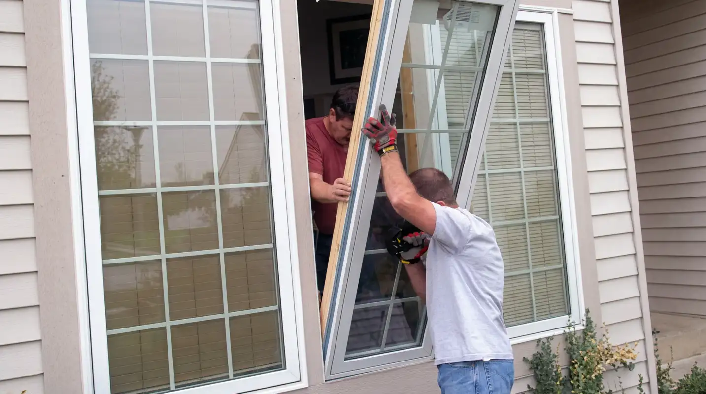 Professional home remodeling team installing a large replacement window on a house with tan siding in Hollywood, FL